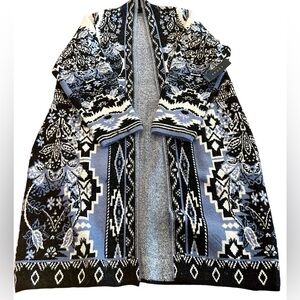 Cyrus NWT 1X Boho Aztec Southwestern Knit Cardigan Duster Blue Black Ivory